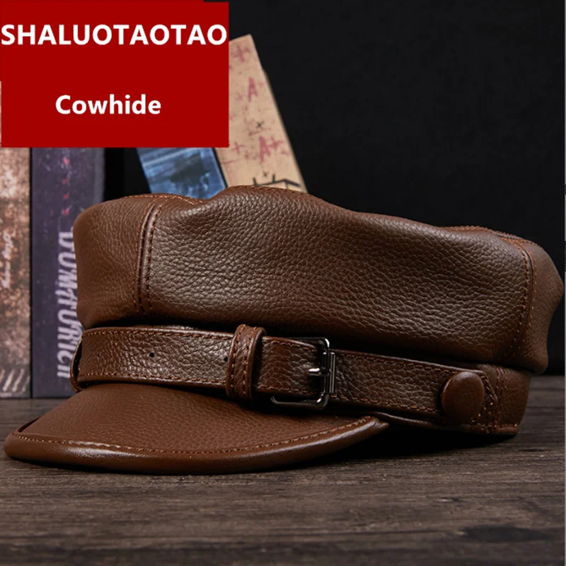 

New Men's Leather Hat Woman Octagonal Cap Fashion Autumn Winter Warm Military Hats First Layer Cowhide Flat Cap Casquette