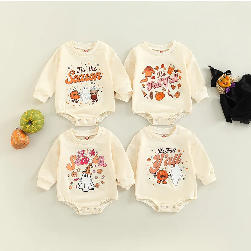 

Повседневный комбинезон на Хэллоуин для маленьких девочек и мальчиков, бежевый комбинезон с длинным рукавом и надписью и призрачным принто...