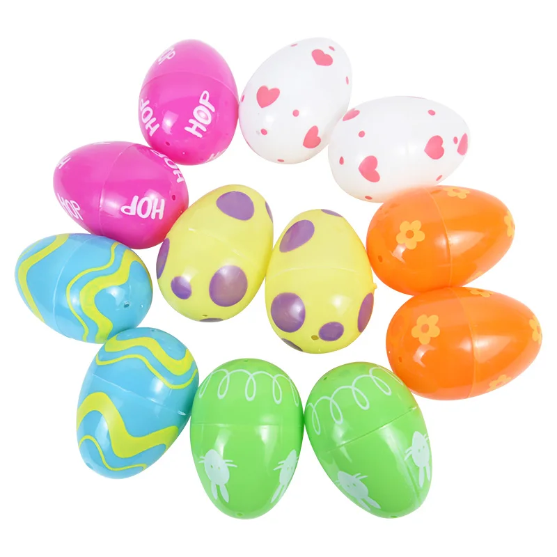 

12/24pcs Colorful Plastic Egg Shell Fillable Easter Eggs Assorted Pattern Prints Toys Children's Handmade DIY Easter Party Decor