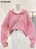 ouslee female sweatshirt thin casual women striped harajuku pink button hoodie sweatshirt all match girl spring autumn pullover