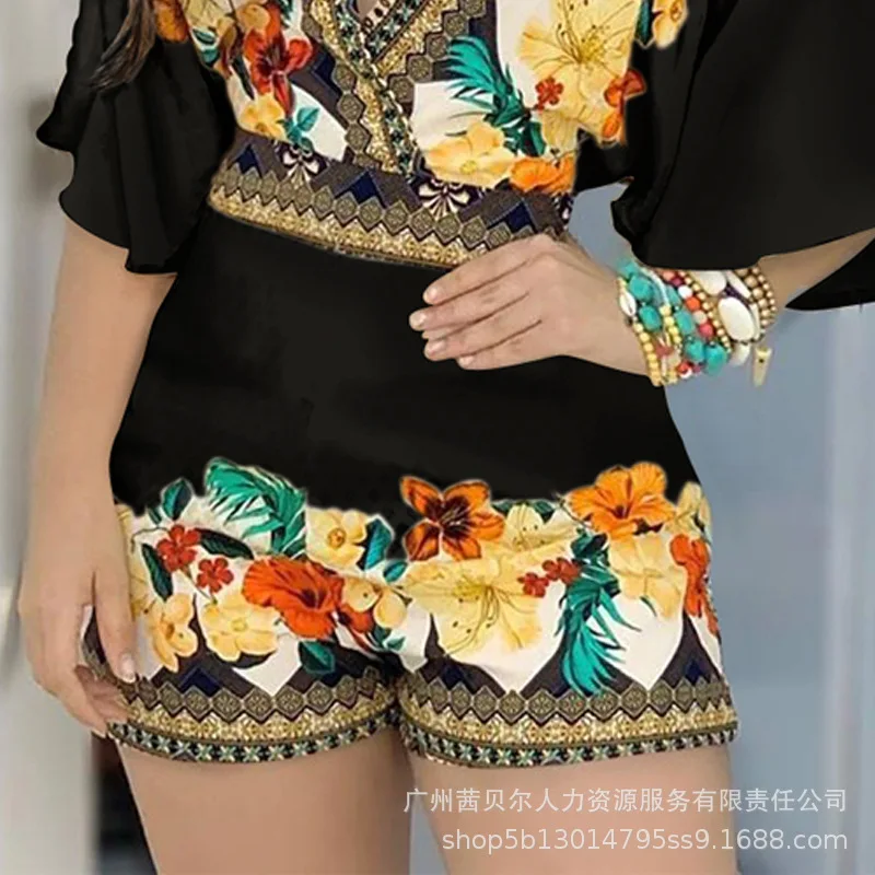 Summer Fashion Slim Print High Waist Playsuits Women's Playsuits Women's Casual Short Sleeve V-neck Straight Playsuits
