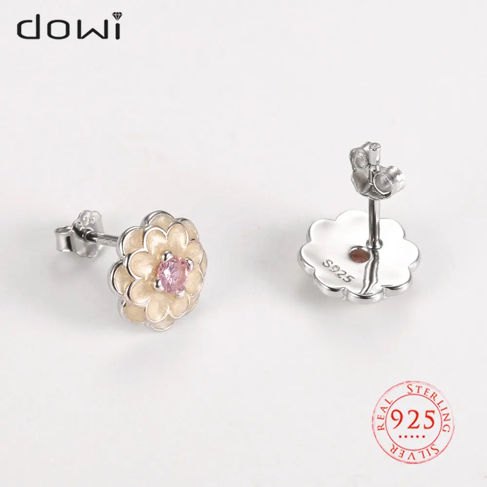 

Dowi 925 Pure Silver Jewelry Pink CZ Stone Epoxy Flowers Stud Earrings for Women Elegant Fine Jewels Accessories 2022