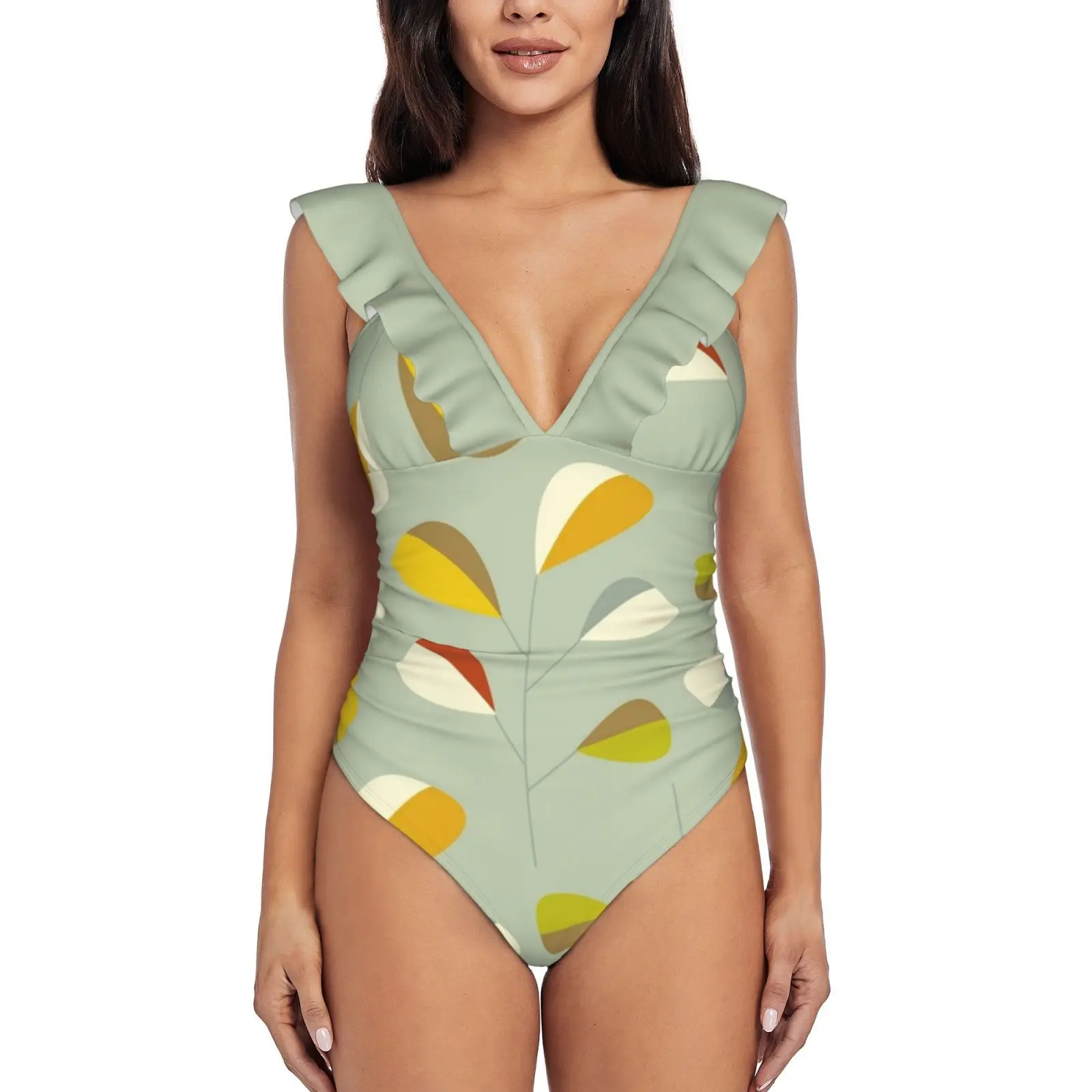 

1. Винтажный слитный купальник среднего века с графическим узором листьев и оборками, женский сексуальный купальник-монокини, новый пляжный...