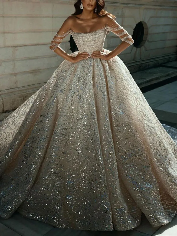 

Sparkly Wedding Dresses Long Sleeves Bateau 3D Lace Sequins Appliques Sexy Ruffles Beaded Formal Bridal Gowns Vestido De Novia