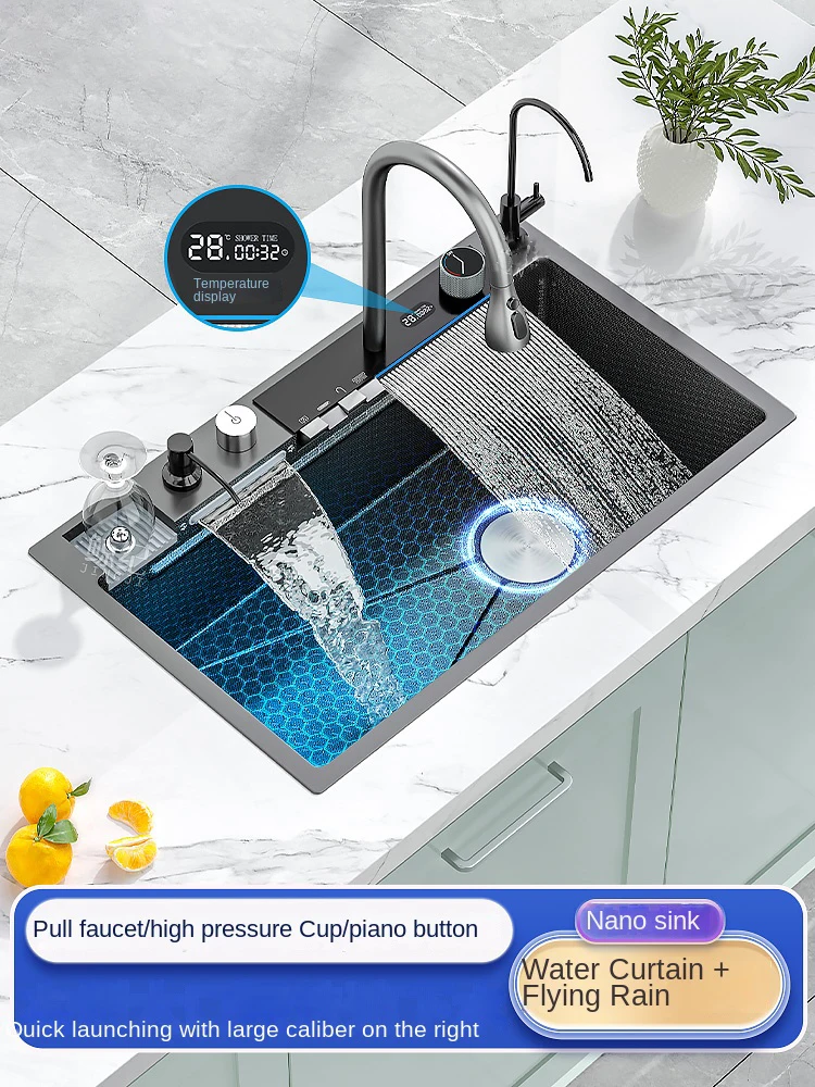 

Digital display fly rain waterfall large single sink 304 stainless steel sink kitchen multi-function embossed washbasin