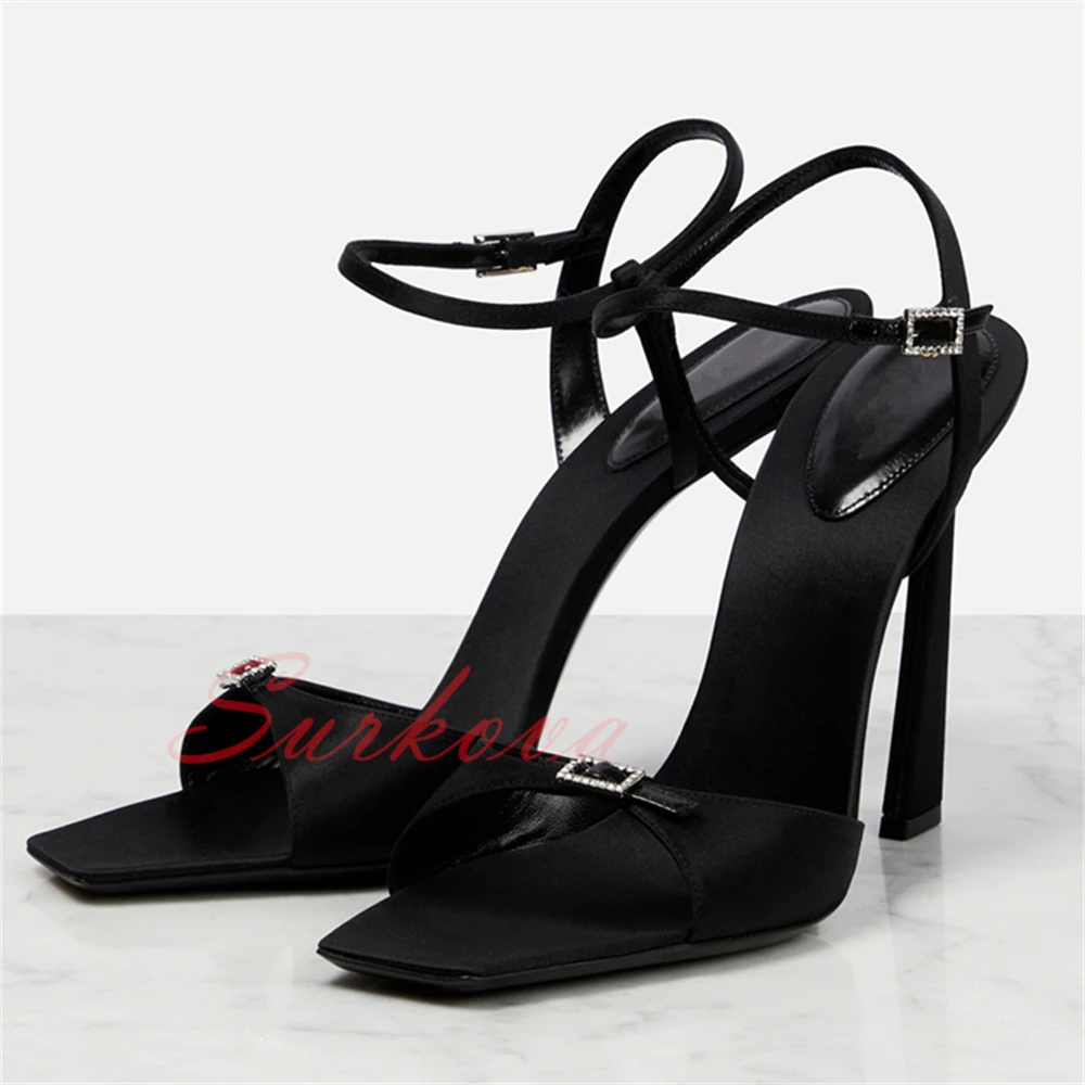 Black Satin Open Toe Sandals Rhinestone Square Buckle Fish Mouth Fashion Sandals Ladies Dress High Heels Shoes Women's Shoes New