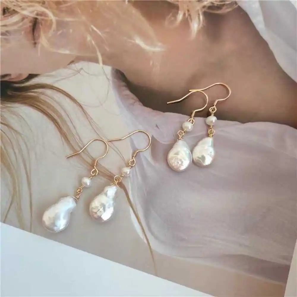 

Natural White Baroque Coin Pearls Earrings 18k Eardrop Fashion Party Freshwater Wedding CARNIVAL Holiday gifts Lucky Cultured
