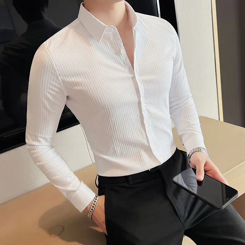 Classic Striped Long-sleeved Shirts Men Elasticity Slim Casual Business Formal Dress Shirt Streetwear Social Party Tuxedo Blouse