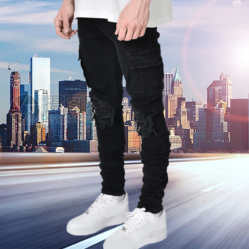 Men's Ripped Jeans Hole Trend Black Slim Jeans Multi Pockets Zipper Denim Trouser Fashion Streetwear Cargo Pants Men