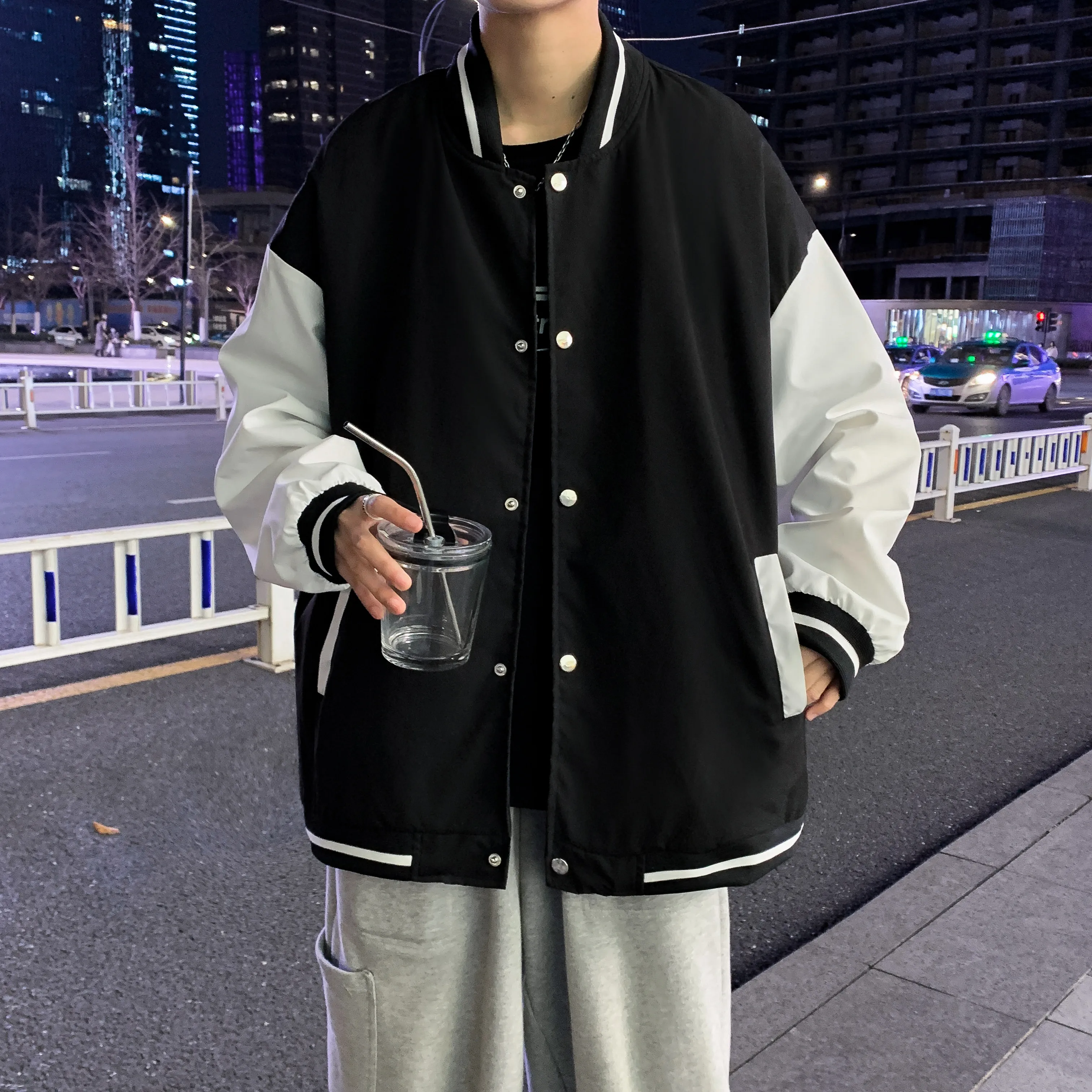 

Simple color contrast sports baseball jacket Men's loose and versatile stand-up collar long-sleeved jacket
