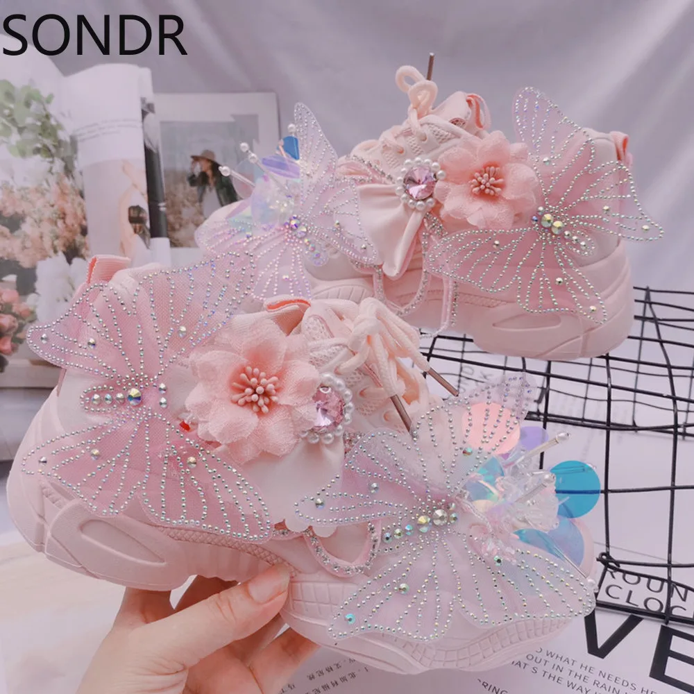 Женские кроссовки с круглым носком на шнуровке Стразы сделай сам блестящие туфли