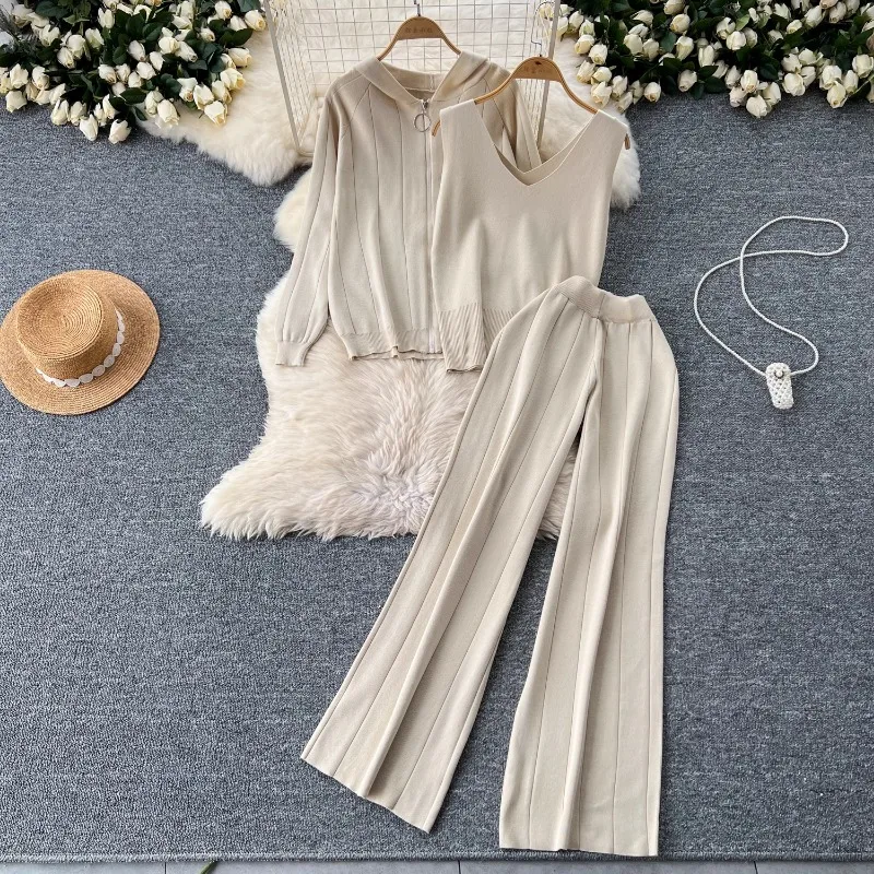 Корейский шикарный простой однотонный вязаный костюм женский кардиган с