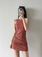 summer new street style with chest pad solid color sleeveless pleated dress womens elastic tight sexy bag hip vest dress women