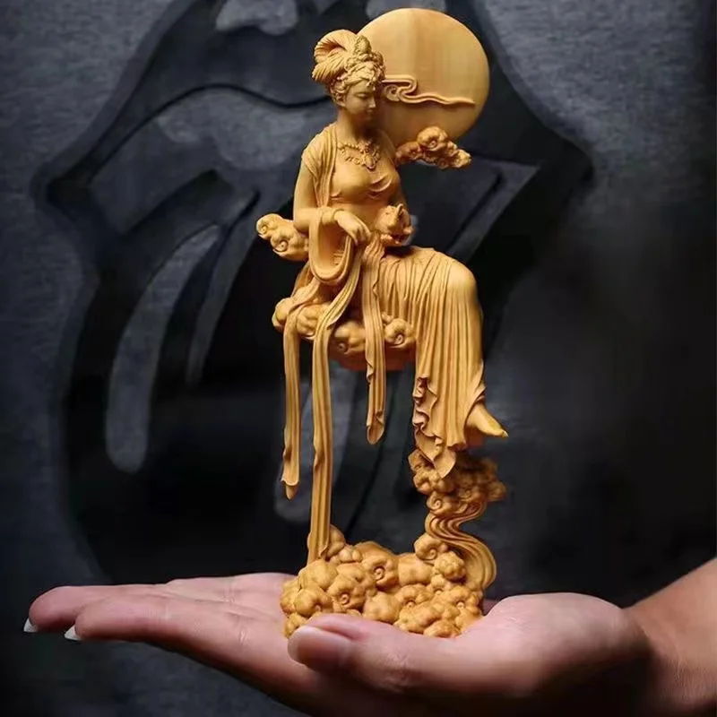 

Natural Solid Wood Chang'e Fairy Characters Statue, Hand-carved Mythology Jade Rabbit Lmmortal HomeRoomOffice Decoration Artwork