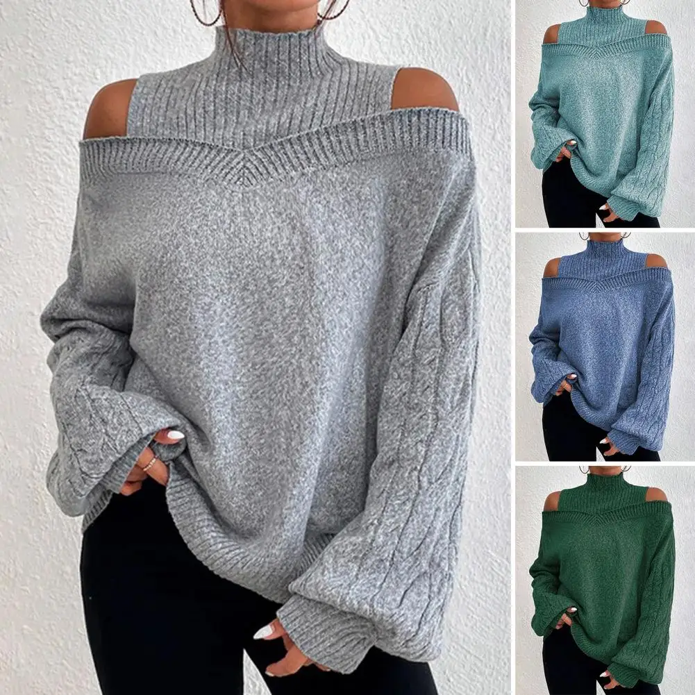

Women Turtleneck Kintted Sweater Solid Color Pullover Long Sleeve Hollow Out Off Shoulder Elastic Spring Sweater Female Clothing