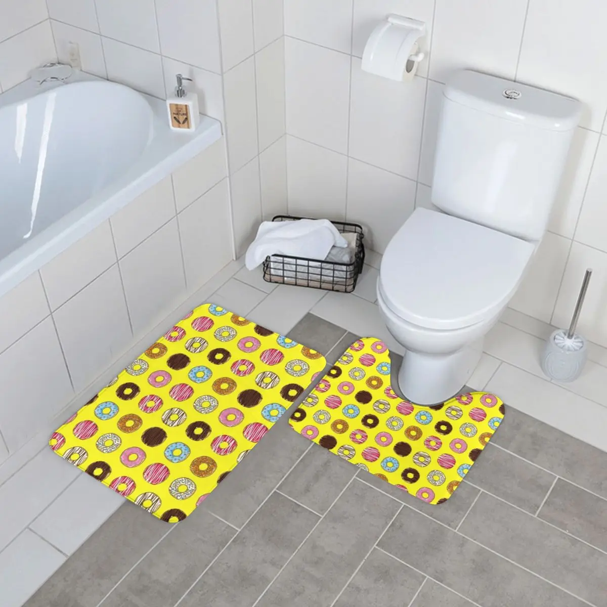 

Dreamy Doughnut Bath Mat Colorful Food Print Foot Anti-Slip 2 Piece Bathroom Mat Set Modern Polyester Bathroom Rug