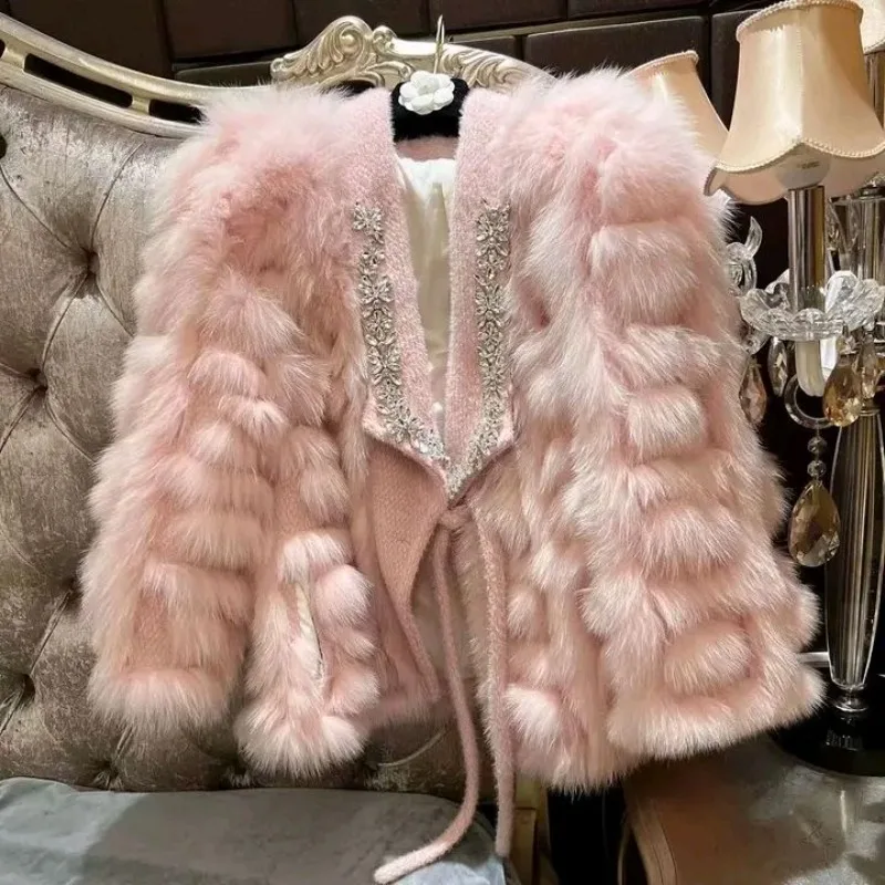 

Женская меховая куртка, новинка сезона осень-зима 2023, модное пальто, Имитация алмазов в тяжелой промышленности
