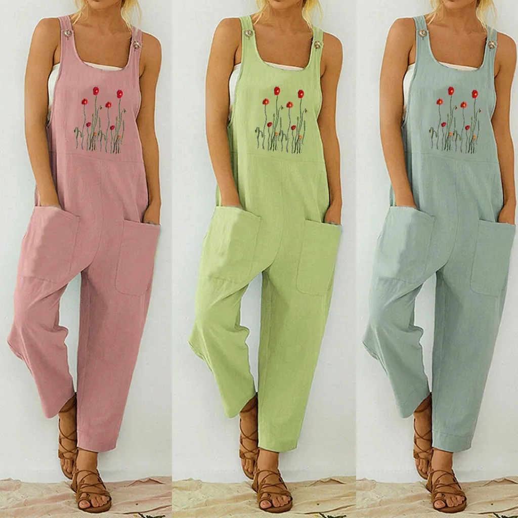 

2023 New Women Casual Fashion Print Pocket Romper Sleeveless Strap Button Sleeveless Pant Suit for Women