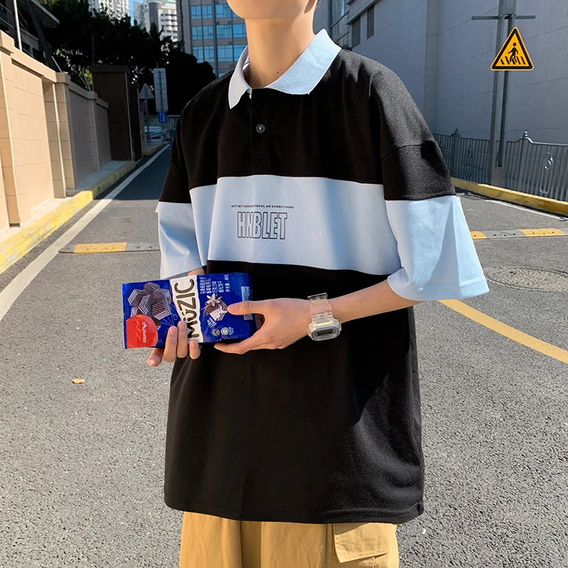 

Men's Color Matching Polo Shirt Kpop Fashion Teenager Streetwear Fairy Grunge Y2k Clothes Oversized Clothing Harajuku Tops