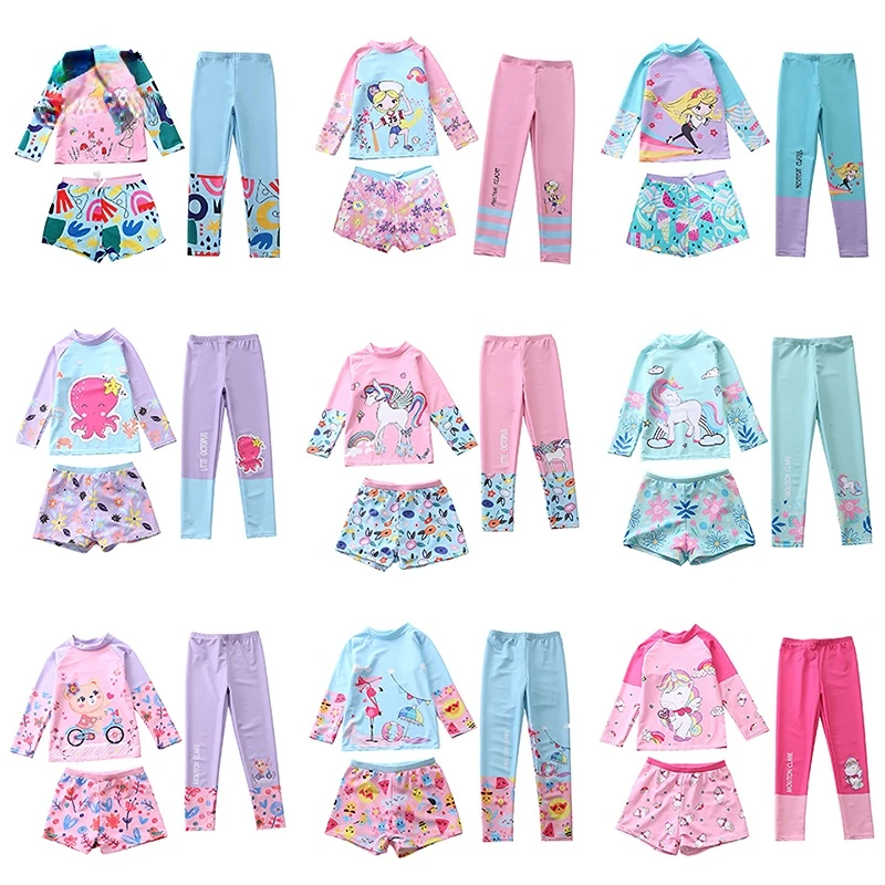 

Купальник для девочек из 3 предметов детский купальник с длинным рукавом + брюки + плавки для плавания Защита от УФ-лучей пляжный детский куп...