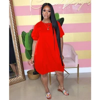 womens dress summer fashion solid color loose pullover irregular dress womens casual short puff sleeve round neck dress