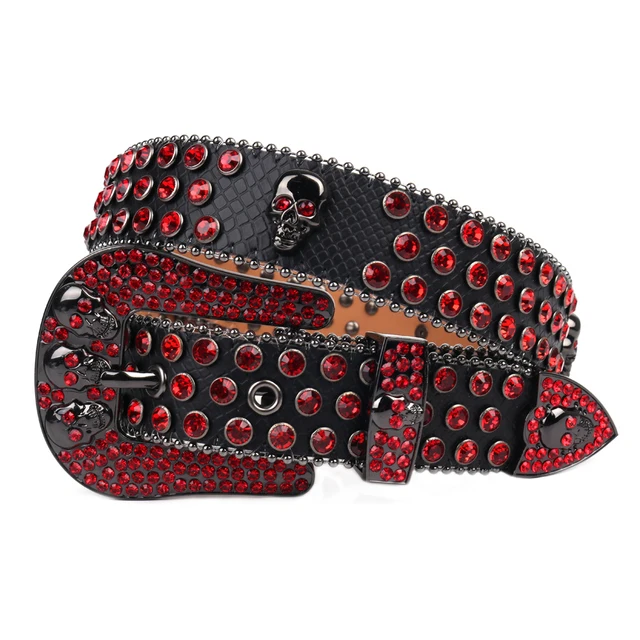 Gothic Punk Rhinestones Belts For Women Man High Quality Bling Diamond Crystal Studded Skull Red Belt For Jeans Cowboy Cowgirl