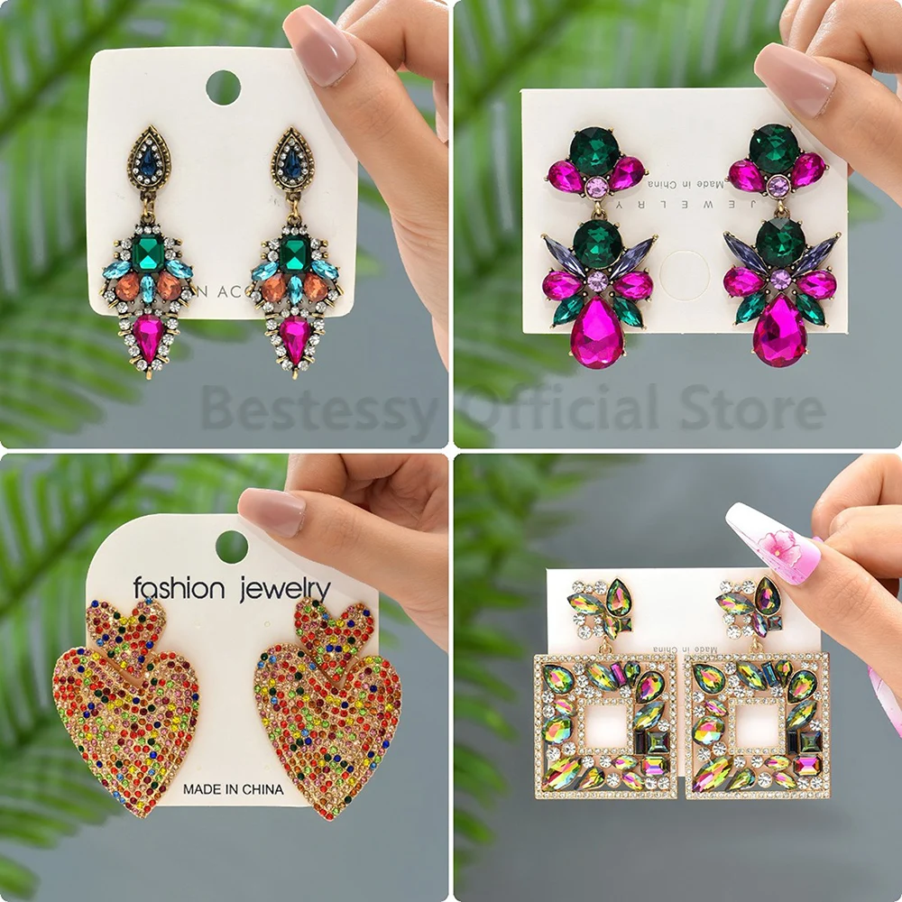

Colorful Series Geometric Shiny Crystal Dangle Tassel Earrings For Women Fashion Luxury Exaggerated Jewelry Accessories Brincos