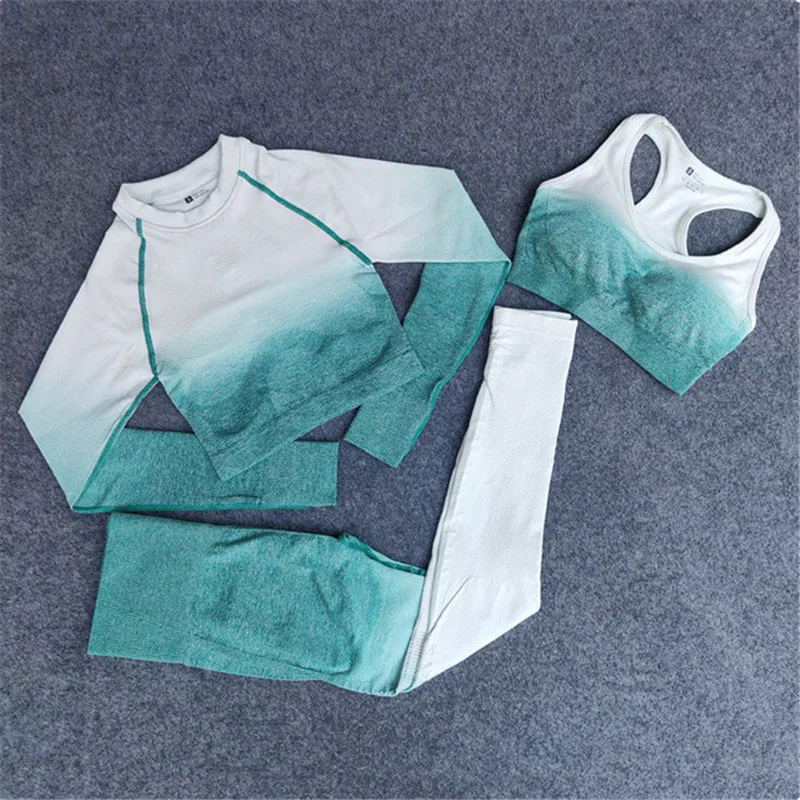 

Women Ombre Gradient Color Yoga Set Seamless Leggings Long Sleeve Crop Top Sports Bra Running Pants Fitness Workout Gym Clothing
