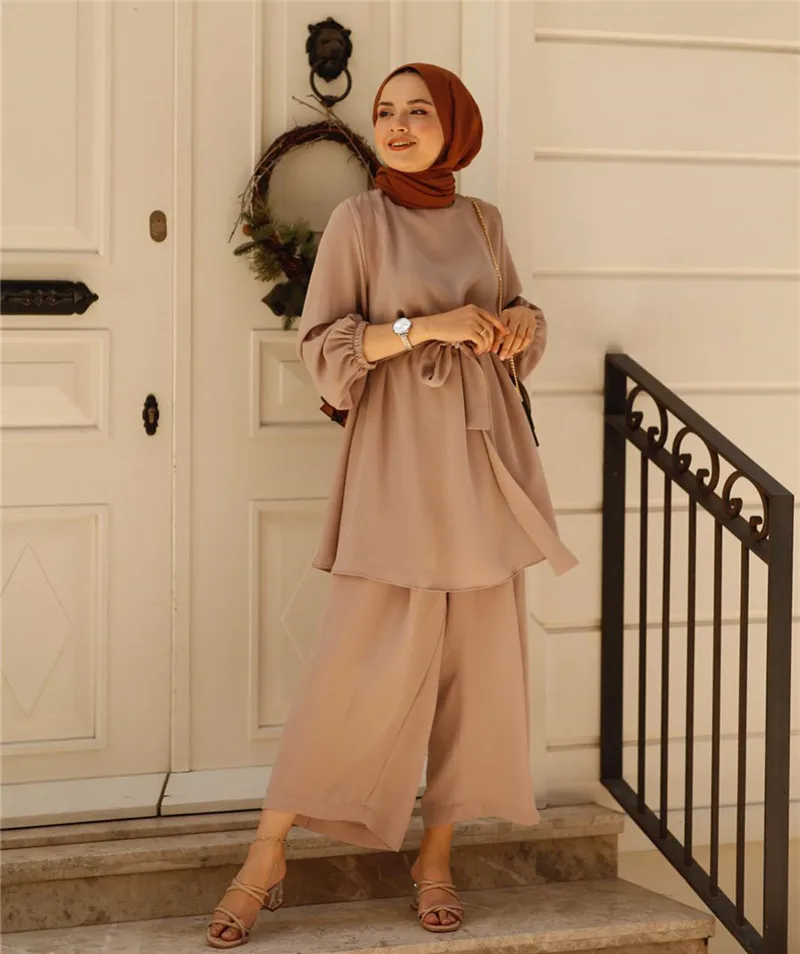 2022 New Women's Spring/Fall Shirt Fashion Nylon Muslim Set Long Sleeve Turkish Shirt Pants Solid Lslamic Clothing