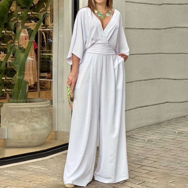 

Women Jumpsuit Summer Short Bat Sleeve V Neck Backless Nipped Waist Loose Wide Legs Casual Pants Romper High Streetwear