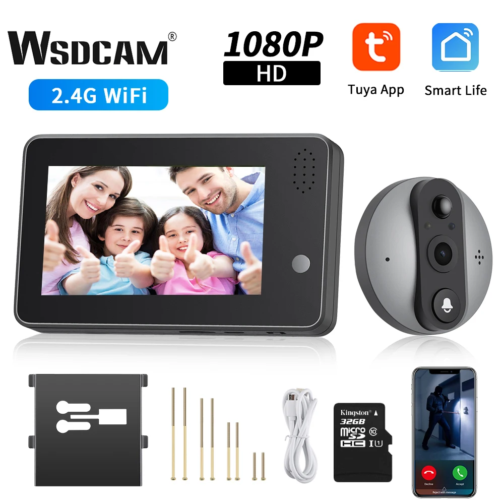 WSDCAM Tuya WIFI Peephole Doorbell Wireless Bell Night Vision Smart Home Door Viewer 4.3 Inch Video Intercom Doorbell Camera