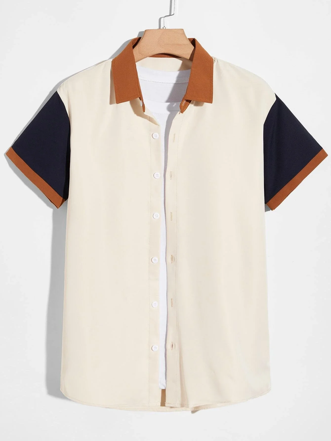 

ROMWE Guys Colorblock Button Front Shirt Without Tee