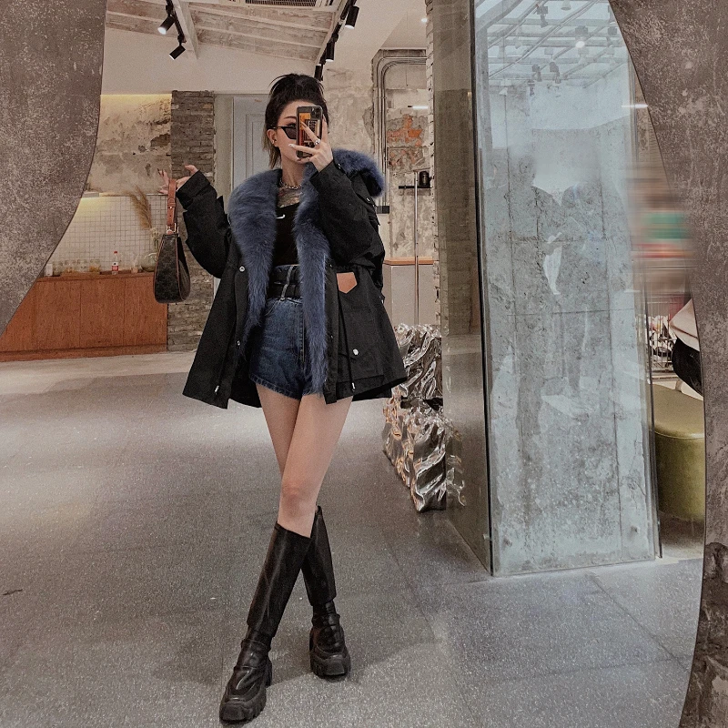 RosEvans High Quality Real Fur Square Collar Parka Coat Winter Women Mid-Length Down Feather Liner Fur Jacket Raccoon Fur Collar