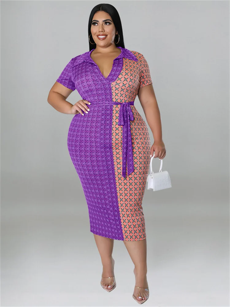 Plus Size Women Clothing Dresses with Lace Up Patchwork Bodycon Stretch Elegant Plaid Maxi Dress Whole 3xl 4xl 5xl 6xl