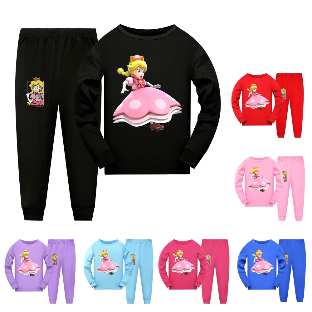 

princess peach Girls Long Sleeve Tshirt+Pants Pajama Set Teenage Kids Homewear Children's Pyjamas Baby Sleepwear Boys Clothes