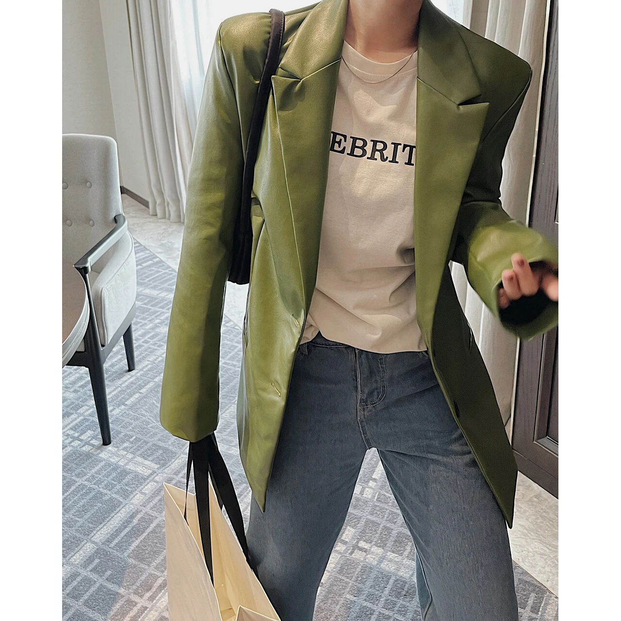 2022 Women Green Faux Pu Leather Jackets Blazers Trench Coats Y2k Clothes Raincoats Heavy Overcoat Demi-Season Winter Za Stylish