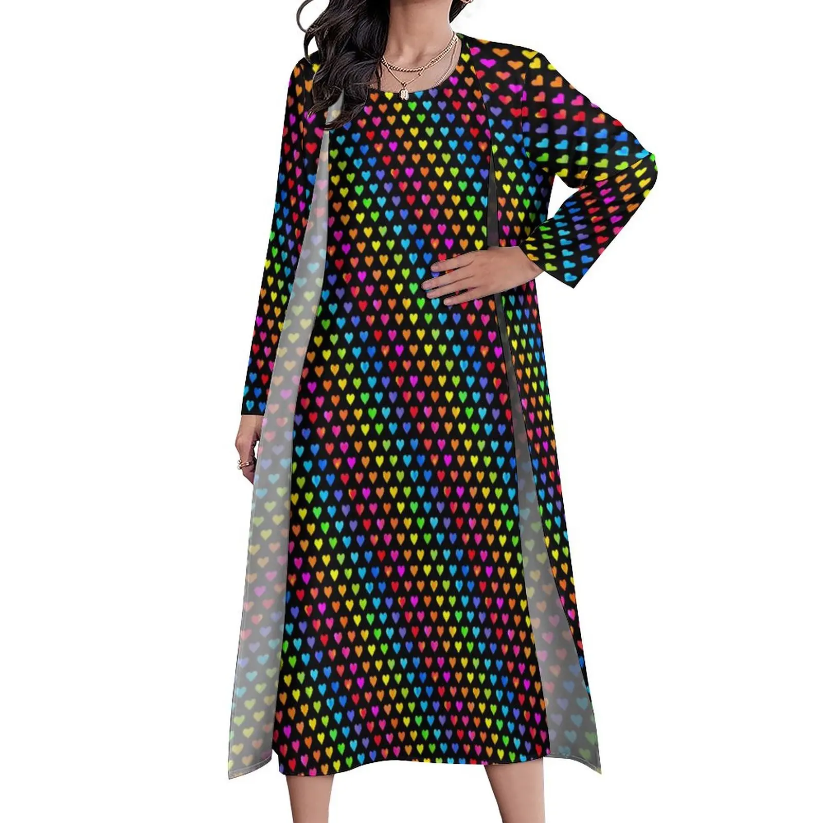 

Colorful Striped Dress Long Sleeve Rainbow Hearts Aesthetic Casual Long Dresses Women Vintage Maxi Dress Gift