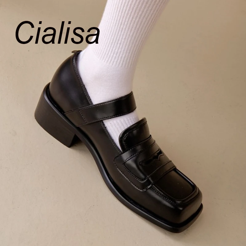 Cialisa Vintage Loafer Women Shoes 2023 Spring New Platform Square Toe Genuine Leather Concise Handmade Low Heels Footwear Green