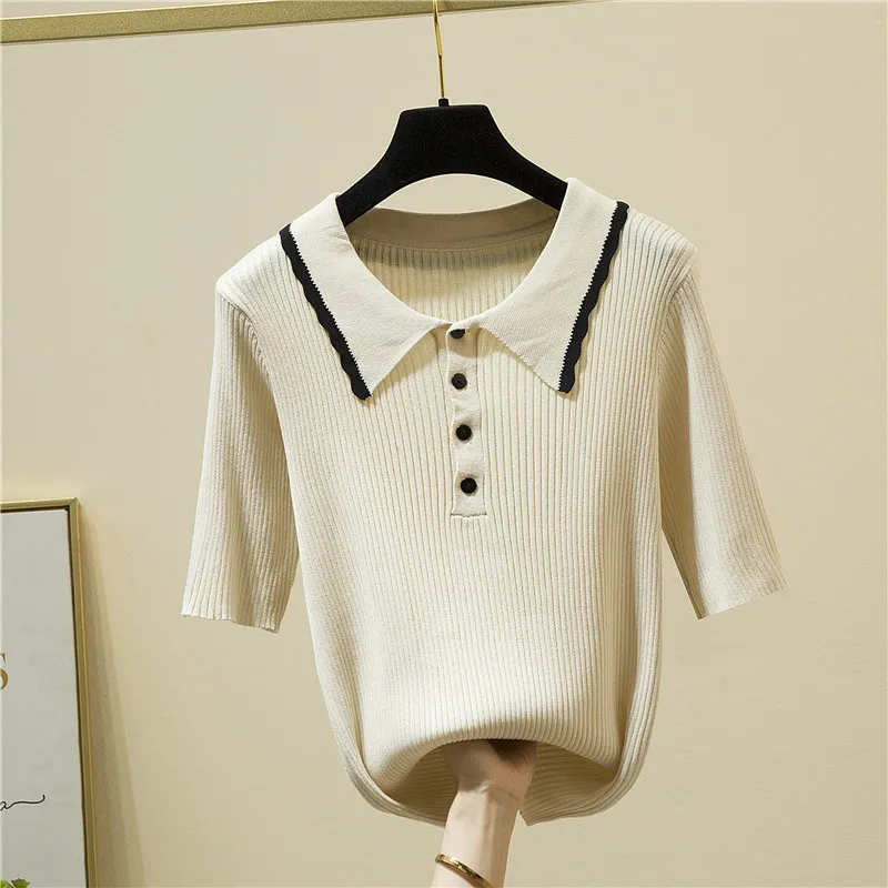 

Thin Knitted T Shirt Women Korean Fashion Button Turn Down Collar Tshirt Slim Ice Silk Tee Shirt Woman Clothes 2022 Summer Tops