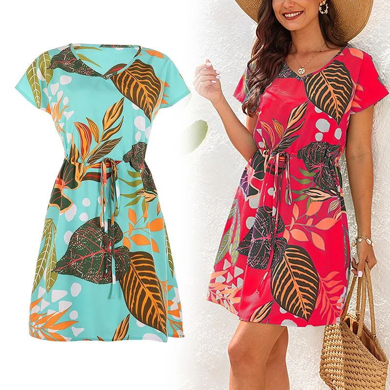 

Women Casual Drawstring Short Sleeve Dresses Fashion Printed Short Dress Summer Party Elegant Evening V Neck Dress