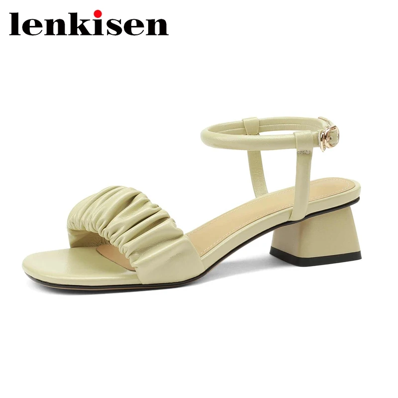 

Lenkisen летние туфли из микрофибры с открытым носком на среднем каблуке, плиссированные мягкие удобные простые Стильные однотонные женские са...