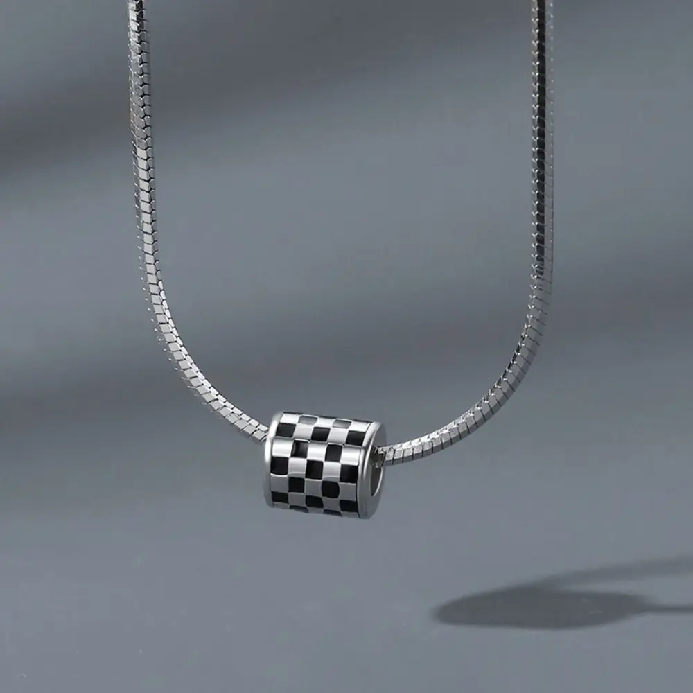 Men Snake Bone Chain Necklace Checkerboard Pendant Turn of Luck Bead Charms Clavicle Chain Jewelry Accessories