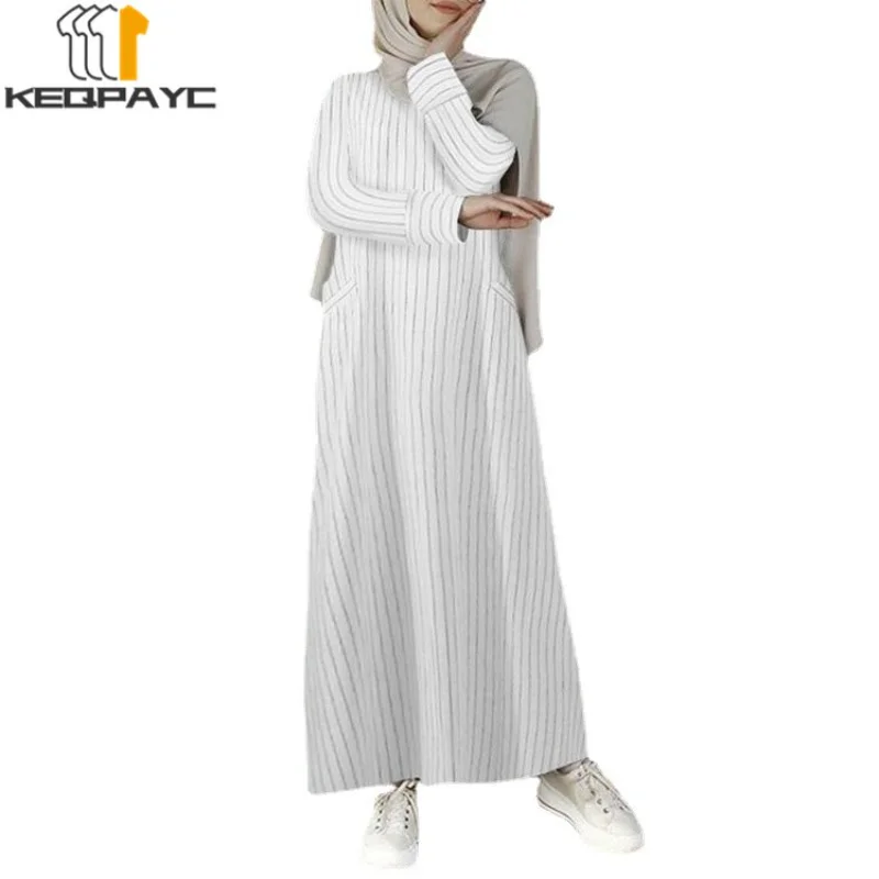 Muslim Women Dubai Abaya Cotton Linen Long Dress Kaftan Islam Arab Vintage Striped Dresses Robe Middle East Ramadan Eid Clothing