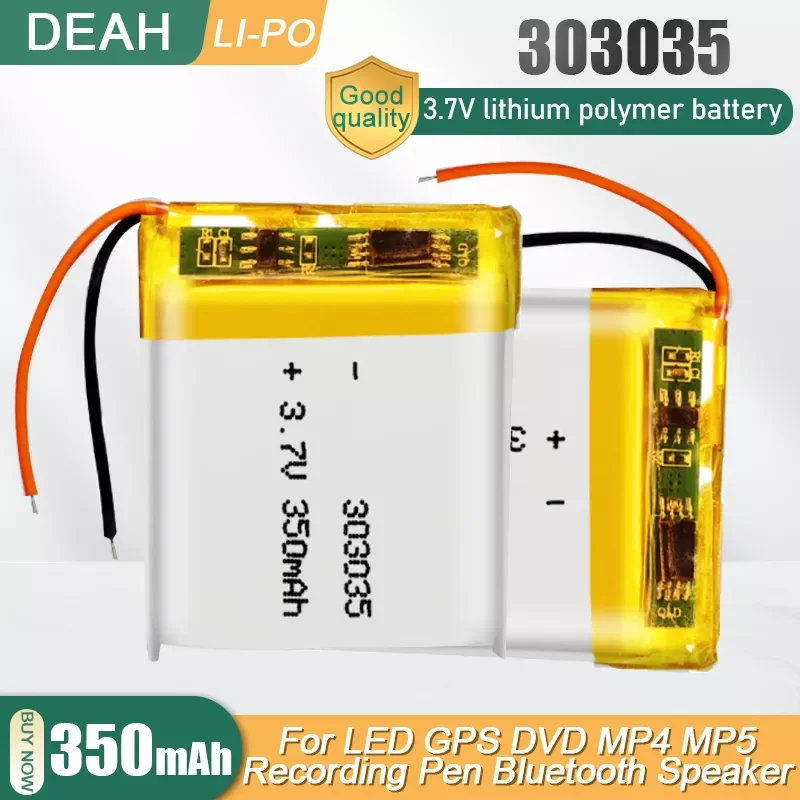 

303035 3.7V 350mAh Lithium Polymer Rechargeable Battery For MP3 MP4 MP5 GPS LED DVD Bluetooth Speaker Headset Li-ion Cell 033035