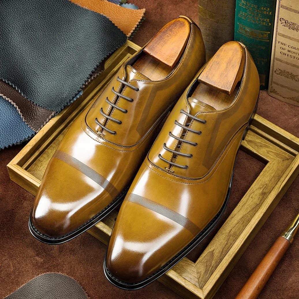 Autumn Genuine Leather Business Shoes Men Big Size Casual British Retro Dress Shoes Lace Up Handmade Office Formal Flats C007