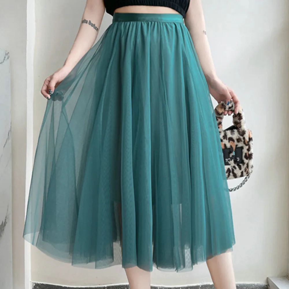 

Elegant Women Tulle Skirt Korean Fashion Mesh Green A Line Ladies Pleated Skirt Summer Chic High Waist Black Party Faldas