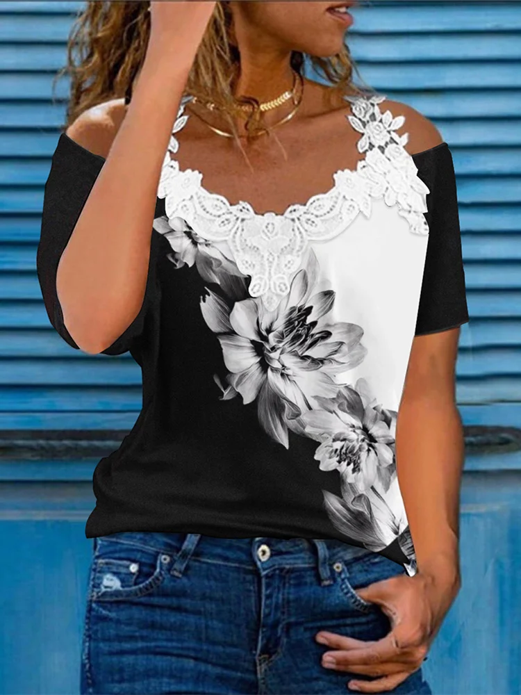 

Mandylandy Women Elegant Lace Patchwork Print Shirt Top Fashion Female Y2K Short Sleeve Off Shoulder O Neck Loose T-shirt
