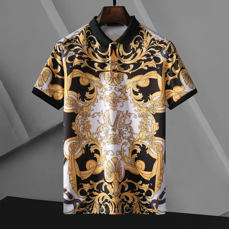 Summer Men Fashion Casual Short-sleeved T-shirt Baroque Black Gold Pattern Printing Lapel Ice Silk T-shirt Men Mannen Kleding