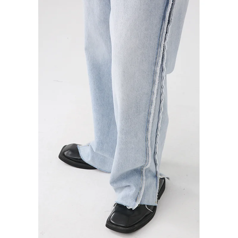 Men Clothing New Pattern Recreational Vintage Broad Leg Jeans Straight Cylinder Loose Sense of Design Burr Pants Autumn Female