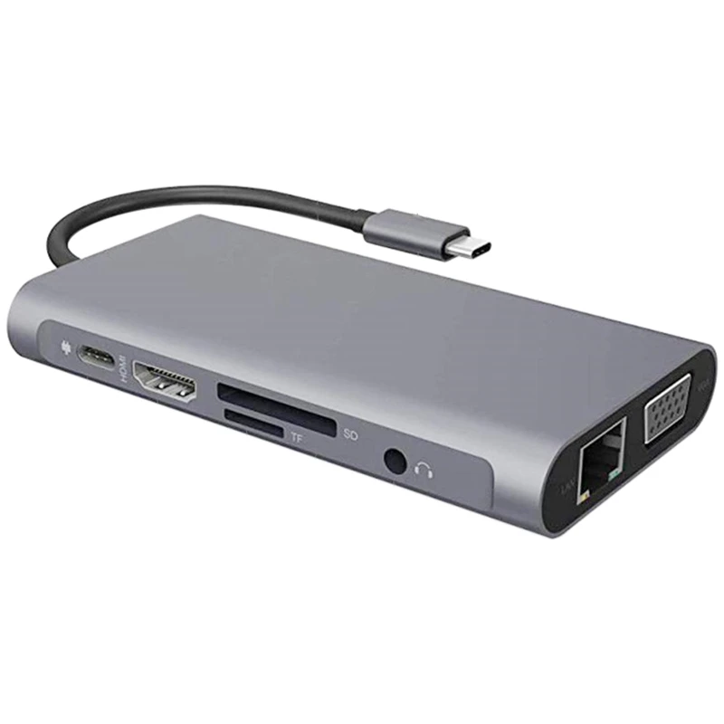

USB C Hub 10-In-1 Type C Adapter With 4K HDMI Ethernet PD VGA USB 3.0 SD/TF Cards Slots Mic/Audio For Windows & Mac OS